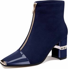 XINIUNIU Women's Ankle Boots Block Chunky Heels Booties Metal Square Toe Suede Front Zipper 3 Inch Short Boot Dress