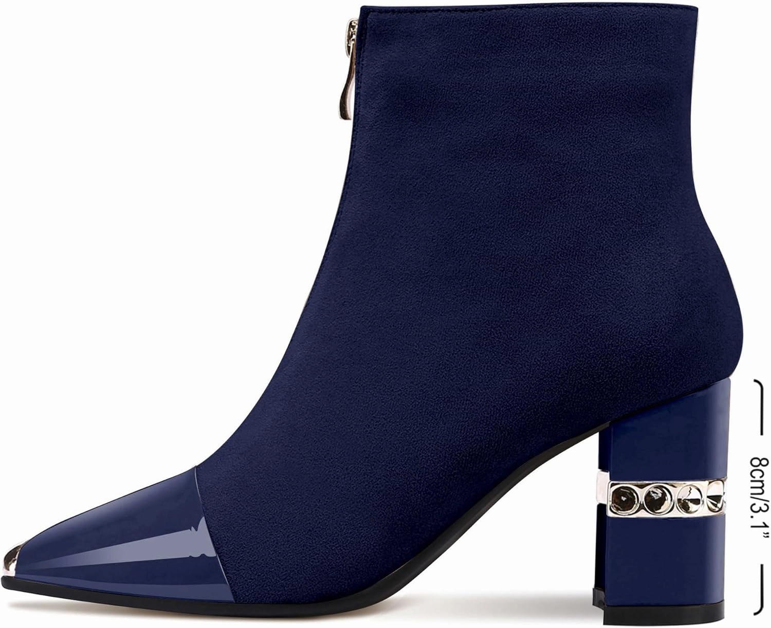 XINIUNIU Women's Ankle Boots Block Chunky Heels Booties Metal Square Toe Suede Front Zipper 3 Inch Short Boot Dress