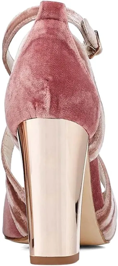 XYD Pointed Toe Chunky Block Metallic High Heels for Women Crossed Straps Velvet Pumps D'Orsay Retro Party Evening Bridal Shoes