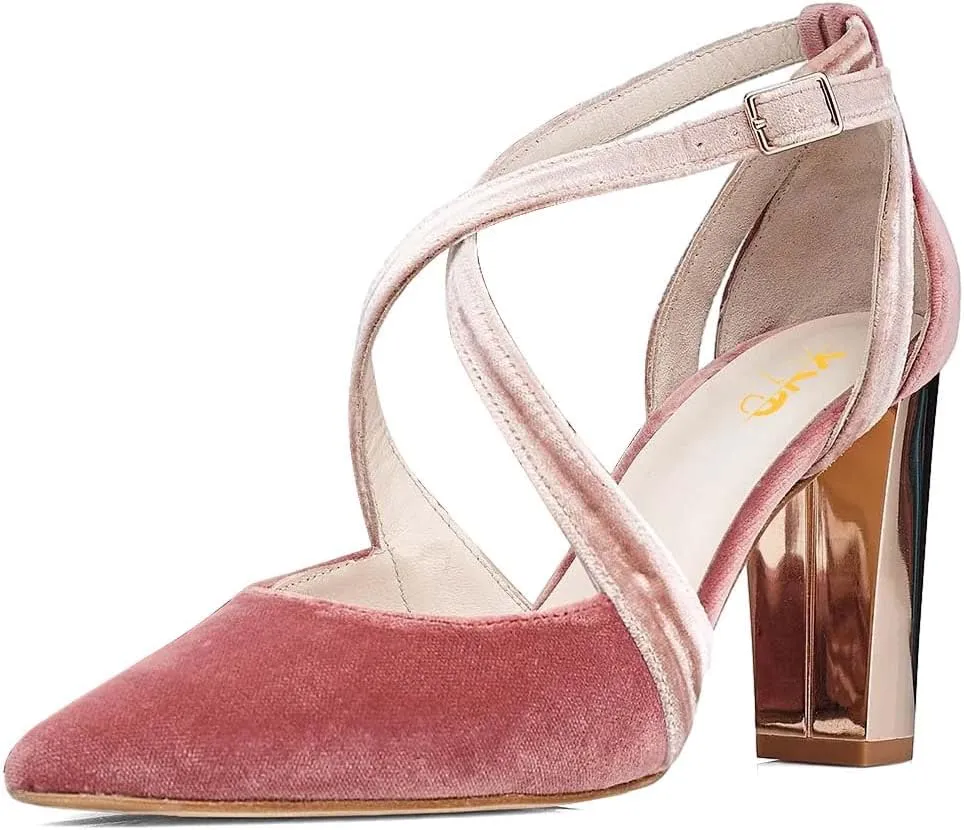 XYD Pointed Toe Chunky Block Metallic High Heels for Women Crossed Straps Velvet Pumps D'Orsay Retro Party Evening Bridal Shoes