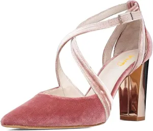 XYD Pointed Toe Chunky Block Metallic High Heels for Women Crossed Straps Velvet Pumps D'Orsay Retro Party Evening Bridal Shoes