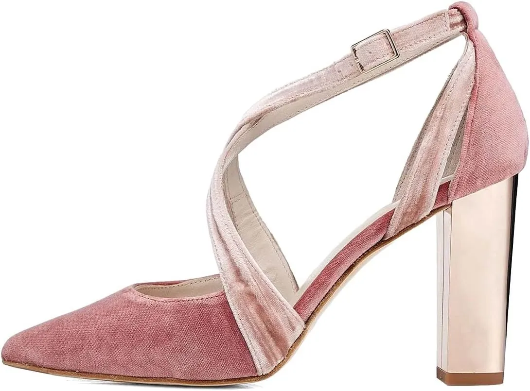 XYD Pointed Toe Chunky Block Metallic High Heels for Women Crossed Straps Velvet Pumps D'Orsay Retro Party Evening Bridal Shoes