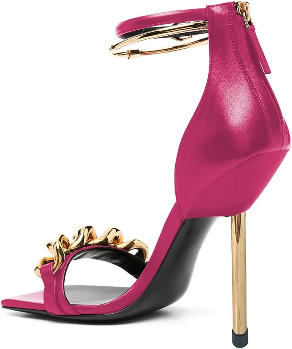 XYD Women Sexy Stiletto Heel Sandals Open Square Toe Metal Ring Back Zip Chic Party Shoes