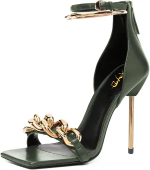 XYD Women Sexy Stiletto Heel Sandals Open Square Toe Metal Ring Back Zip Chic Party Shoes