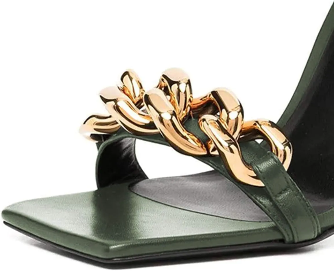 XYD Women Sexy Stiletto Heel Sandals Open Square Toe Metal Ring Back Zip Chic Party Shoes