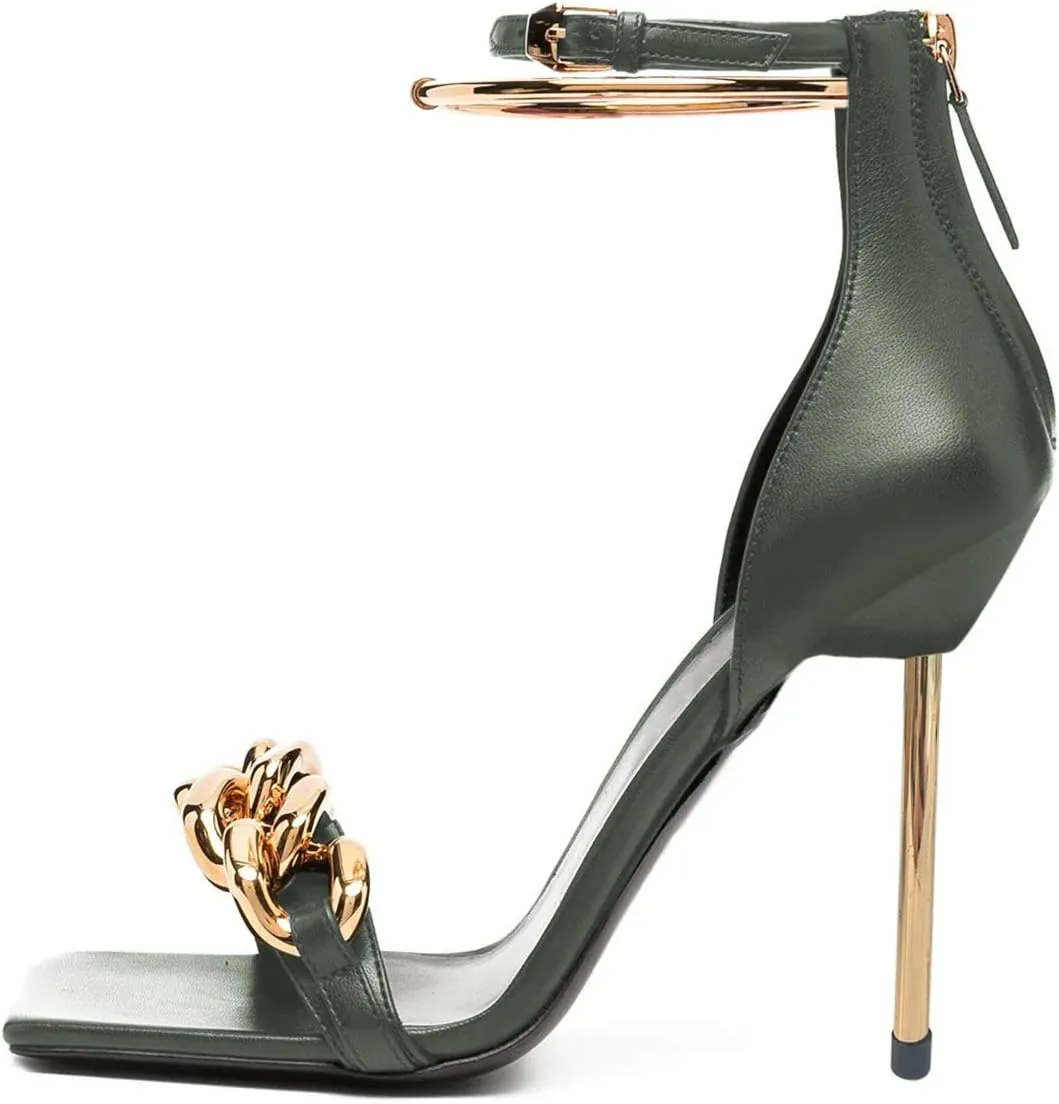 XYD Women Sexy Stiletto Heel Sandals Open Square Toe Metal Ring Back Zip Chic Party Shoes