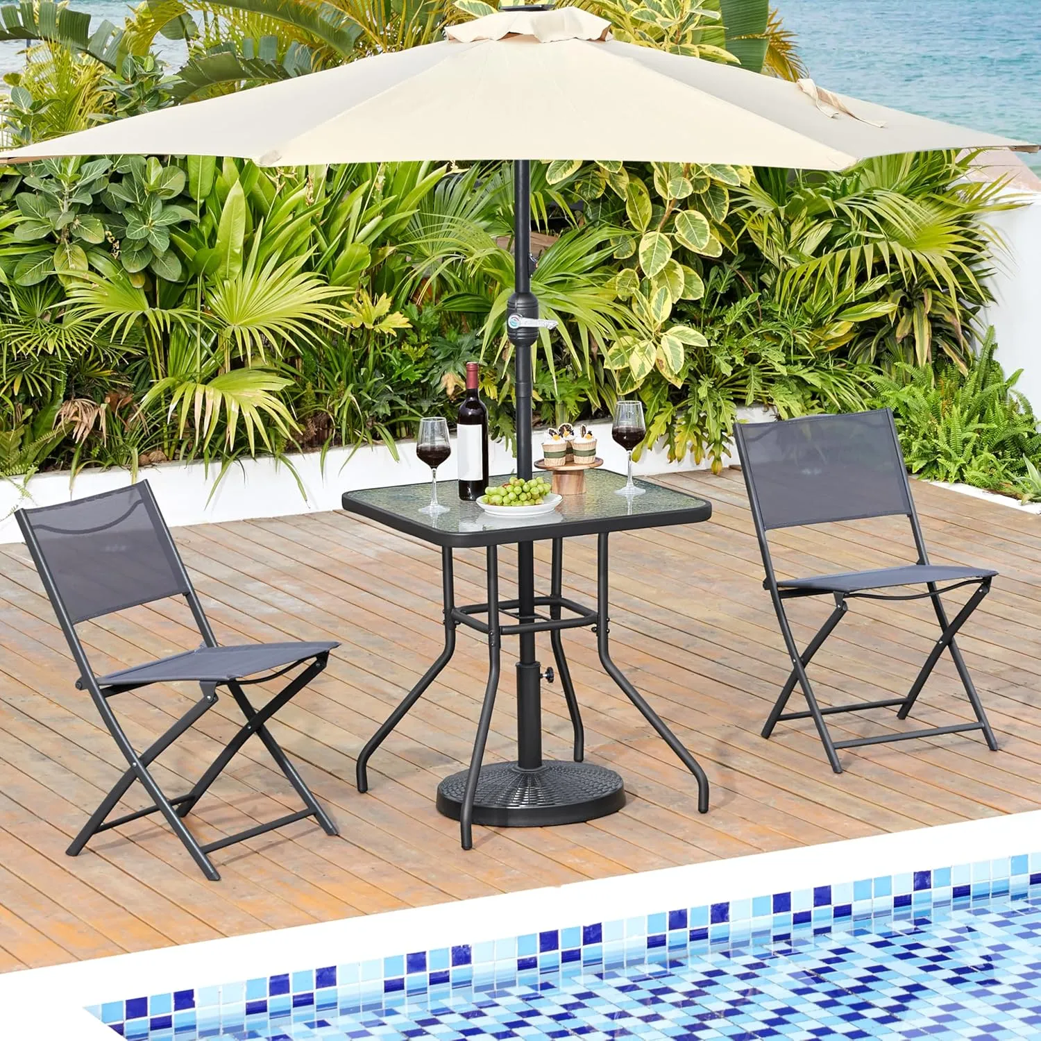 Yaheetech 28in Patio Bistro Table, Square Dining Table w/Umbrella Hole and Tempered Glass Top for Balcony Backyard Lawn and Garden, Black