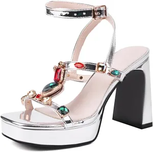 YIYA Colored Crystal Metallic Platform Heels for Women Rhinestone Open Square Toe Chunky High Heels Ankle Strap Sandals T-Strap Party Dress Shoes