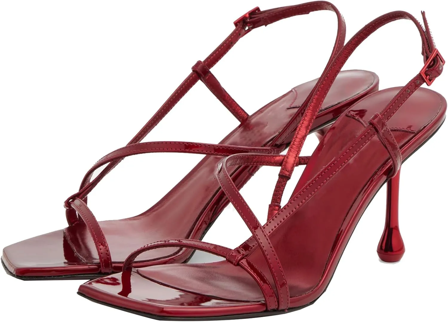YIYA Women's Square Open Toe Gold Metallic Strappy Ankle Strap Sandals Stiletto High Heels Party Dress Shoes
