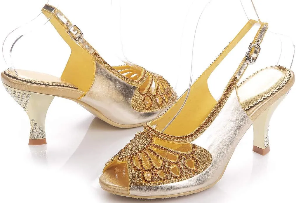 YooPrettyz Women Sparkle Peep Toe Evening Pumps Low Heels Cutout Dress Kitten Heels