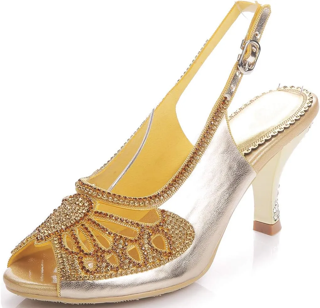 YooPrettyz Women Sparkle Peep Toe Evening Pumps Low Heels Cutout Dress Kitten Heels