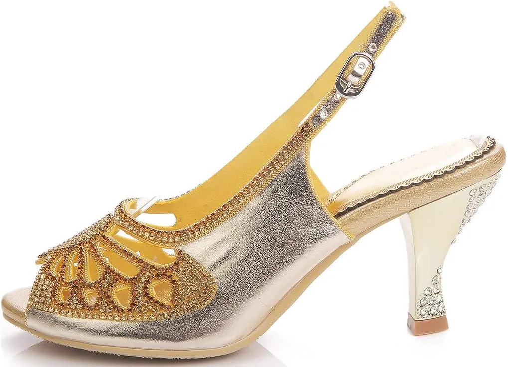 YooPrettyz Women Sparkle Peep Toe Evening Pumps Low Heels Cutout Dress Kitten Heels