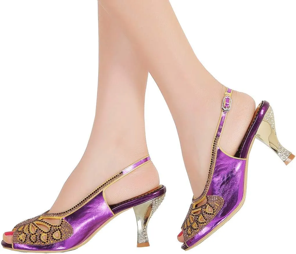 YooPrettyz Women Sparkle Peep Toe Evening Pumps Low Heels Cutout Dress Kitten Heels