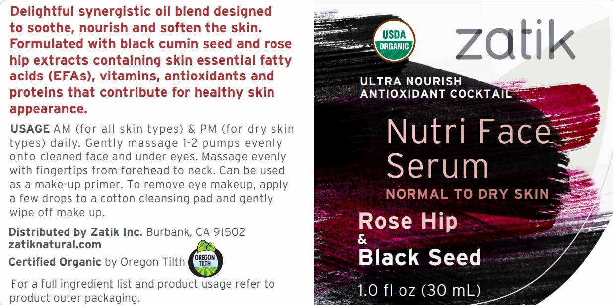 Zatik Naturals - Nutri Face Serum with Rose Hip and Black Seed, USDA Organic, Vegan, Non-GMO, Gluten Free, Soy Free, Alcohol Free, pH Balanced, Biodegradable, 1.0 fl oz, 30ml