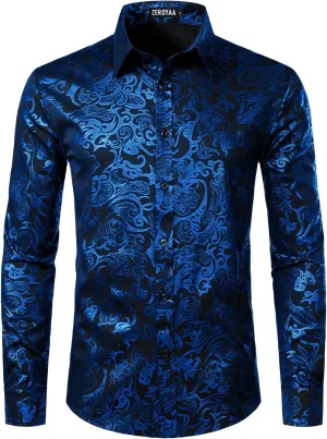 ZEROYAA Men's Luxury Gold Prom Design Slim Fit Long Sleeve Button up Party Dress Shirts