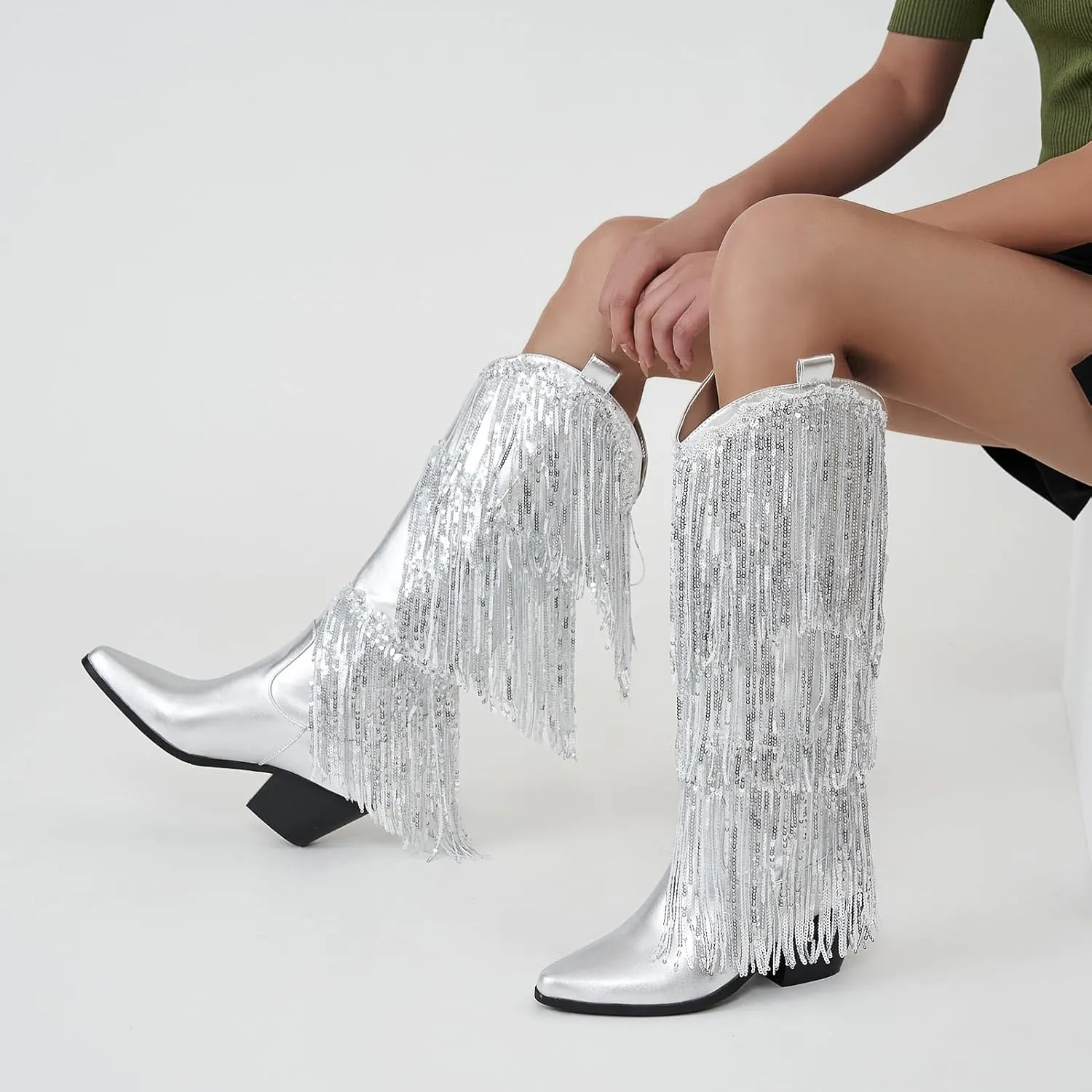 ZXHYZLZ Cowboy Boots For Women 2-Inch Low Heel Comfortable Tall Knee High Western Cowgirl Boots Pointed Toe Botas Vaqueras Para Mujer Classic Embroidered Chunky Heel