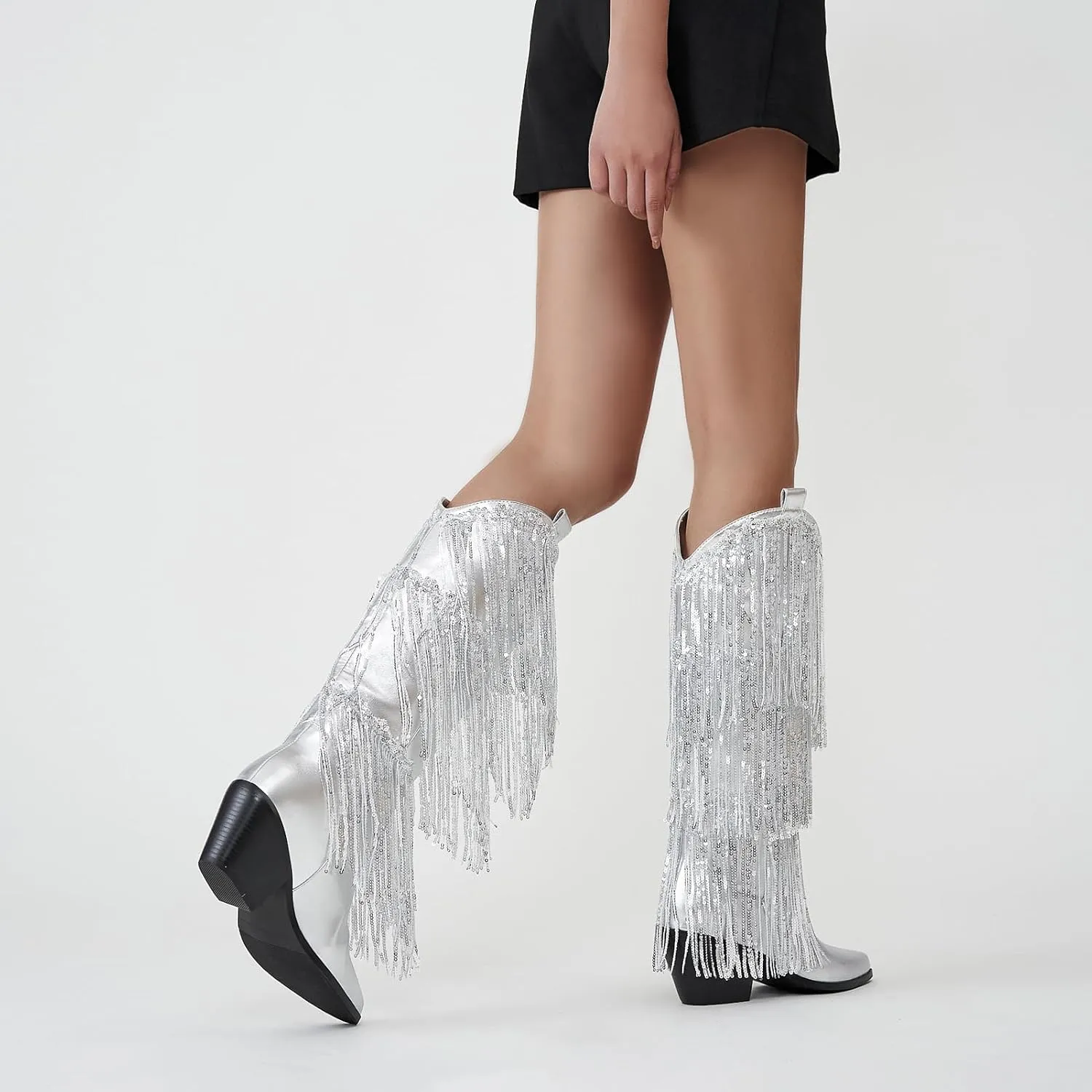 ZXHYZLZ Cowboy Boots For Women 2-Inch Low Heel Comfortable Tall Knee High Western Cowgirl Boots Pointed Toe Botas Vaqueras Para Mujer Classic Embroidered Chunky Heel