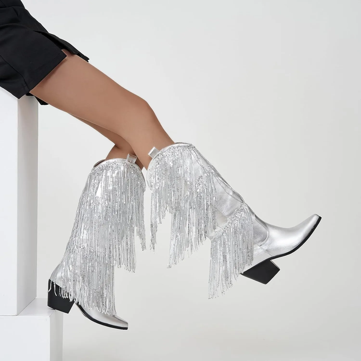 ZXHYZLZ Cowboy Boots For Women 2-Inch Low Heel Comfortable Tall Knee High Western Cowgirl Boots Pointed Toe Botas Vaqueras Para Mujer Classic Embroidered Chunky Heel