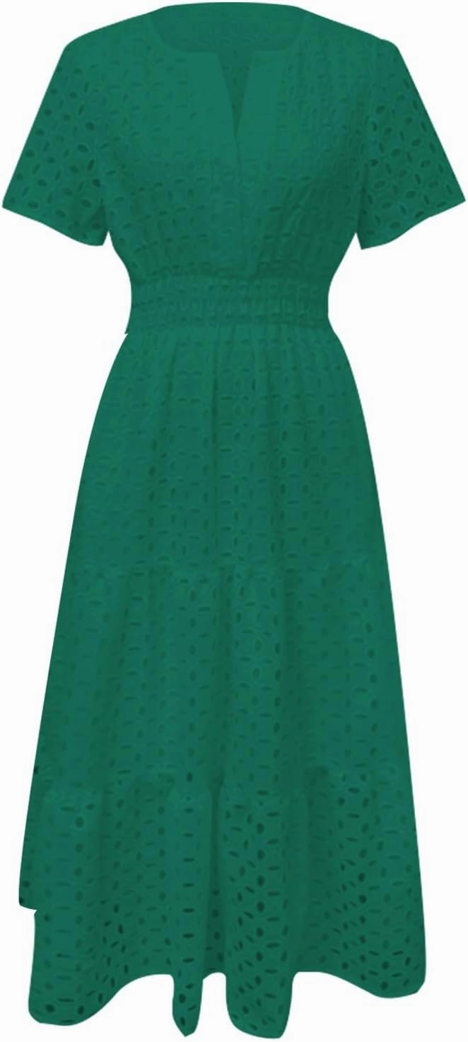 ZYXTIM Eyelet Dresses for Women 2025 Short Sleeve Casual A Line Boho Maxi Dress V Neck Fashion Summer Beach Vacation Sundress