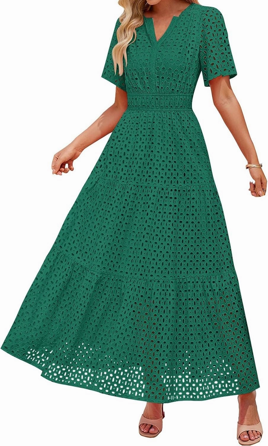 ZYXTIM Eyelet Dresses for Women 2025 Short Sleeve Casual A Line Boho Maxi Dress V Neck Fashion Summer Beach Vacation Sundress