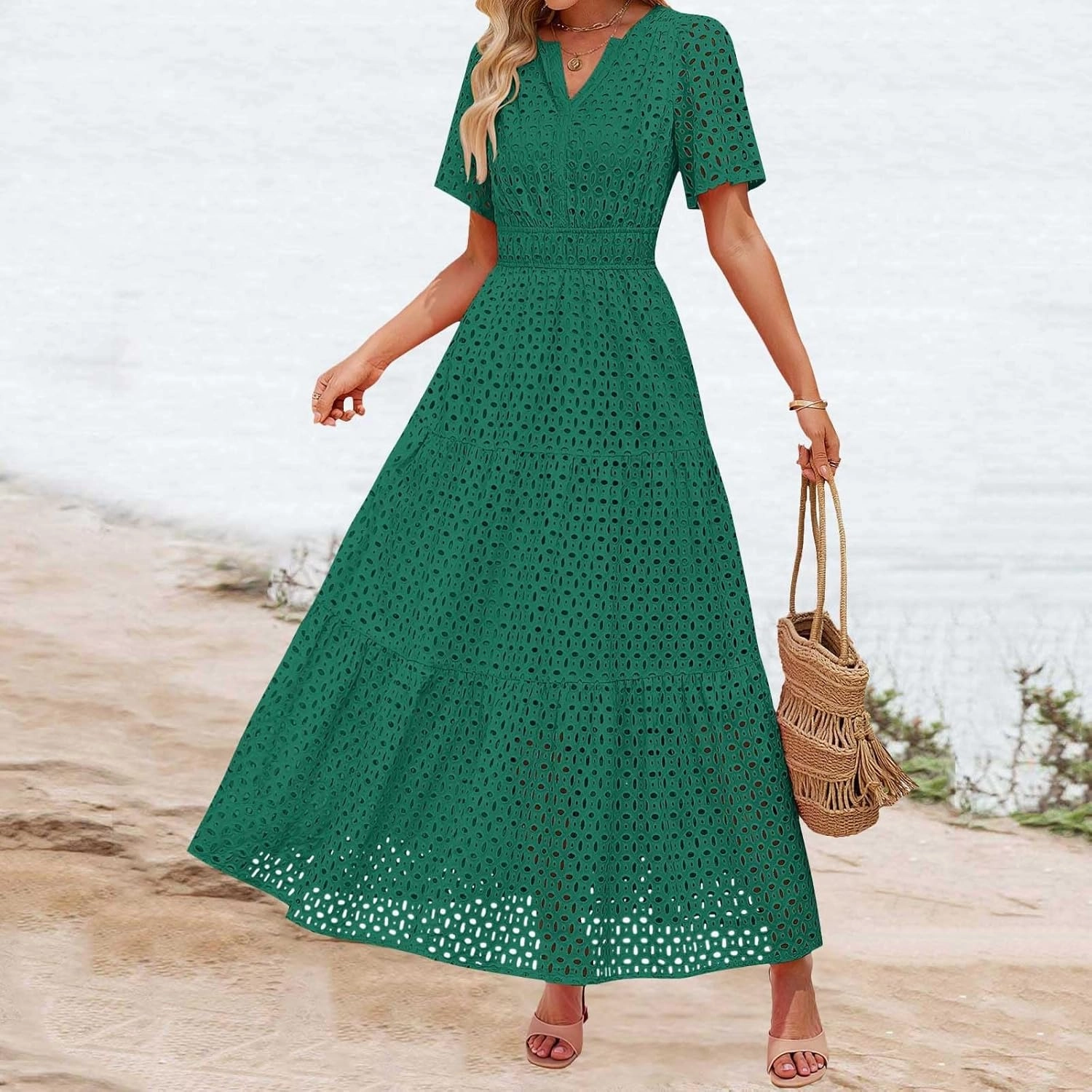 ZYXTIM Eyelet Dresses for Women 2025 Short Sleeve Casual A Line Boho Maxi Dress V Neck Fashion Summer Beach Vacation Sundress