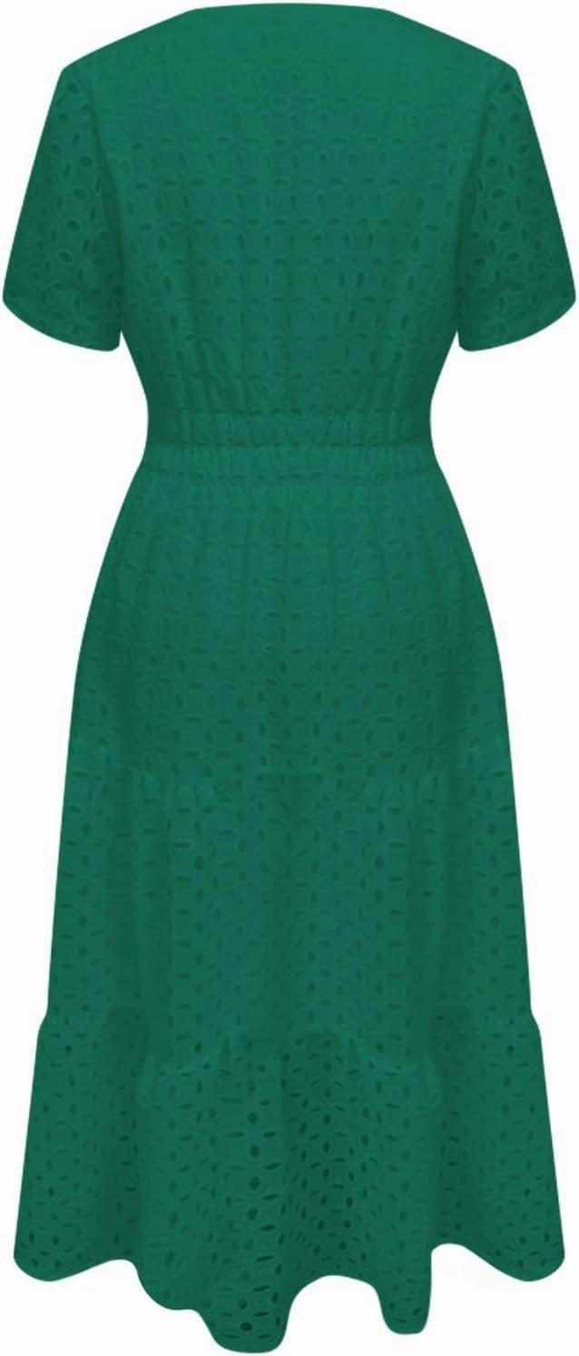 ZYXTIM Eyelet Dresses for Women 2025 Short Sleeve Casual A Line Boho Maxi Dress V Neck Fashion Summer Beach Vacation Sundress